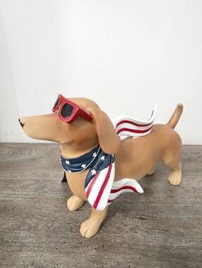 Stars And Strips Patriotic Dachshund Figurine with Sunglasses and America Flag